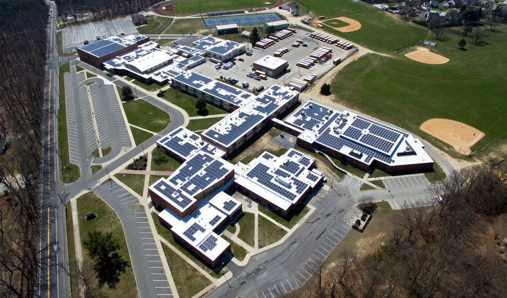 company building with solar panels 