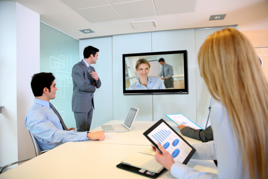 Team attending a videoconference meeting